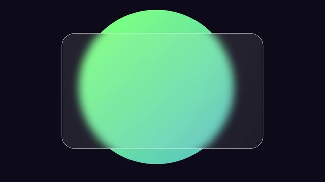 Glassmorphism effect with transparent glass and moving green circle. Frosted acrylic or matte plexiglass rectangle plate with circle that blurs under the glass. 4K video animation with alpha channel