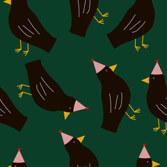 Cute seamless pattern with rooks in funny hats on dark green background . Funny print with rooks in childish style for textiles, wallpapers, designer paper, etc
