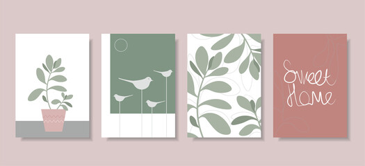 Set of vector art paintings. Botanical posters for home in minimalist, boho, hygge style. Abstract design of plants, birds, for prints, covers, wallpapers, minimalistic and natural wall art. 