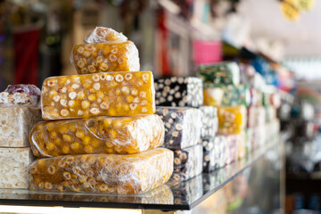 Tasty sweet lokum dish in food store in Istanbul