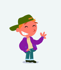 cartoon character of little boy on jeans waving informally while laughing.