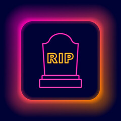 Glowing neon line Tombstone with RIP written on it icon isolated on black background. Grave icon. Colorful outline concept. Vector
