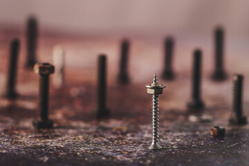 A group of screws and bolts photographed as if they were skyscrapers of a metropolis