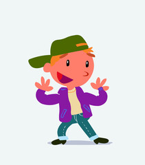 Pleasantly surprised cartoon character of little boy on jeans.