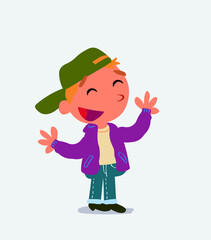 Pleased cartoon character of little boy on jeans explaining something.