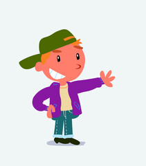 Pleased cartoon character of little boy on jeans points to something.