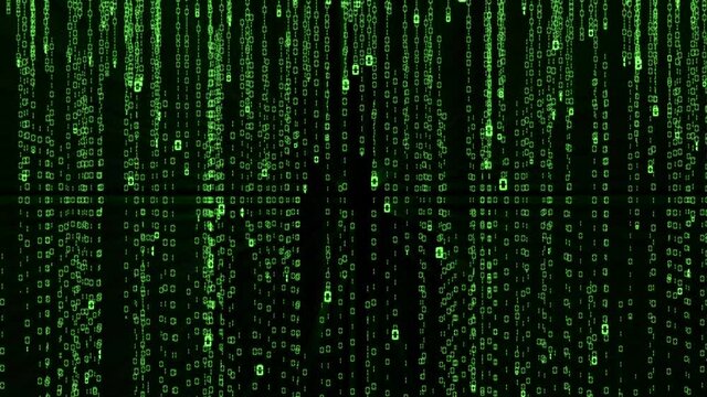 A bright animation of shiny green figues falling down on a dark black background