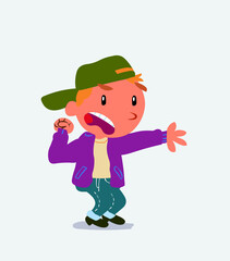 Very angry cartoon character of little boy on jeans pointing at something.
