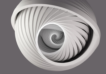 White-gray geometric abstraction. A pattern of white stripes. The plates are twisted in spirals. Geometric background. A spiral of gray stripes. Fancy pattern with swirling lines. 3d image.