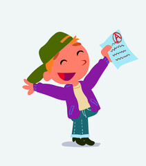very happy cartoon character of little boy on jeans with a exam in hand.