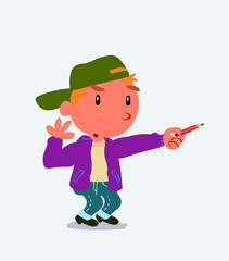 cartoon character of little boy on jeans doubts while pointing to the side with a pencil.