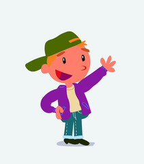 cartoon character of little boy on jeans explaining something while pointing.