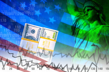The US economy. Payment system of America. The American financial system. The Statue of Liberty, dollars, numbers, and the American flag. Analysis of the economic situation in the United States.