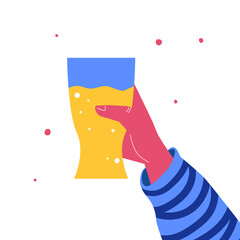 A bright hand holds a glass of beer. Vector illustration in cartoon style