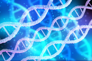 White DNA spirals on a blue background. Genetic medical research. The molecular structure of DNA....