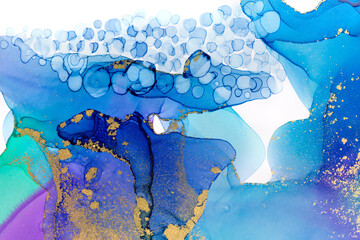 Aquamarine alcohol ink gradient texture. Abstract watercolour background with gold powder.