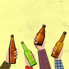 Contemporary art collage of human hands with beer bottles isolated over yellow background. Oktoberfest concept