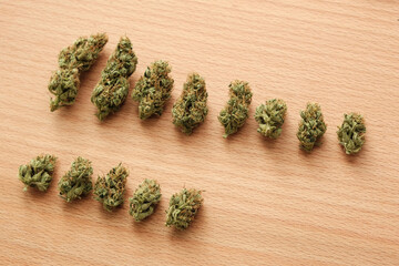 Marijuana outdoor wild buds in row on wooden background. Top view, close-up. Cannabis dried...