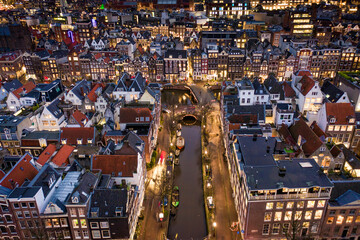 Fototapeta premium Amsterdam City Canals at Night Aerial View