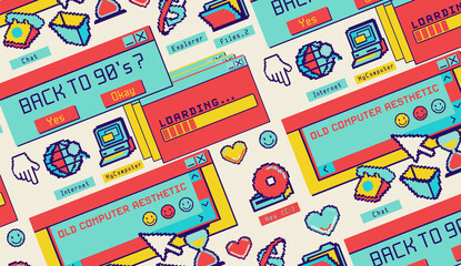 Naklejka premium Retro moving desktop.Colorful user interface. Old computer aesthetic illustration, retrowave style wallpaper. Vibrant background.