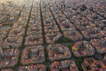 Barcelona City Spain Apartment and City Blocks at Sunset Aerial View