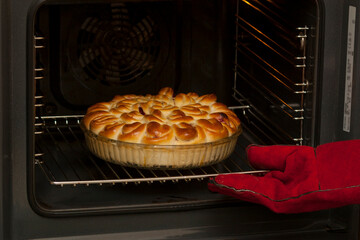 The finished cake with fruit filling is removed from the oven. A baker wearing heat-resistant gloves takes out a finished cake from an electric oven. Homemade baking