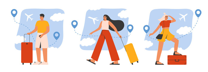 Tourists with luggage at the airport set. Collection of young and happy traveling people carrying suitcases, bags. Summer vacation, holiday, journey concept. Isolated flat vector illustration