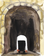 Old style drawing. High stone road tunnel with a dark arch. In the tunnel, the silhouette of a large truck with its headlights on. Hand drawn background watercolor illustration