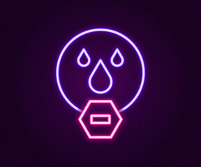 Glowing neon line Water drop forbidden icon isolated on black background. No water sign. Colorful outline concept. Vector