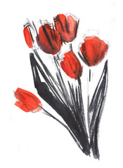 Hand-drawn greeting card with flowers. Laconic black and red colors. Stylized image of tulips. Hand drawn watercolor illustration