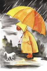 Postcard in the old style. A little girl in a bright yellow raincoat covers a wet kitten from the rain with a large umbrella. Hand-drawn watercolor illustration.