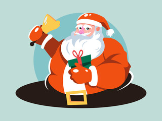 Santa Claus with Christmas gift and golden bell. Cute cartoon character