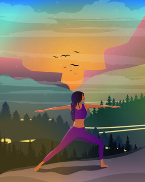Digital illustration of a yogi girl doing yoga in nature at sunset in the mountains