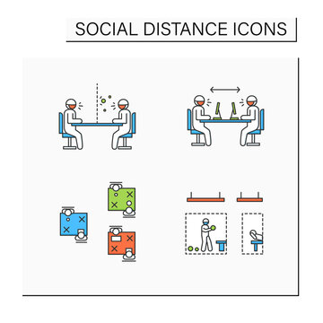 Social distance color icons set. Corona virus pandemic safety recommendations. Keep distance at office, gym.Glass barrier. Isolated vector illustrations