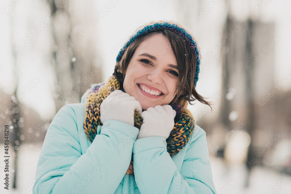 Sticker Photo of happy nice pretty lady good mood wear hat scarf weekend winger season snow outside outdoors