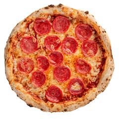 Isolated fresh pepperoni pizza with salami on white background