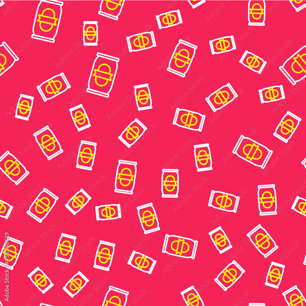 Poster line beer can icon isolated seamless pattern on red background. vector