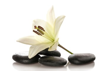 White fresh lily flower and spa stone