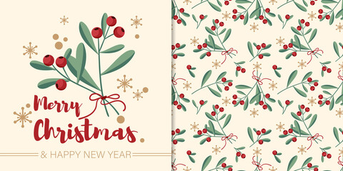 Christmas holiday banner with Merry Christmas and Happy New year text and seamless pattern of red berry branches with green leaves and ribbons on a light background with snowflakes.