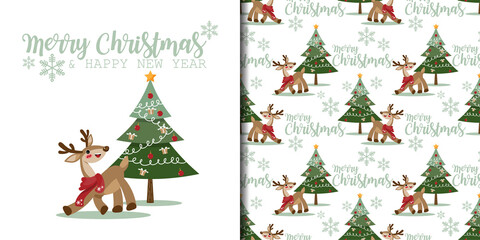 Christmas holiday banner with Merry Christmas & Happy New Year text and seamless pattern of cute reindeer wearing red scarf with Christmas tree on white color background with snowflakes. © NiiNew