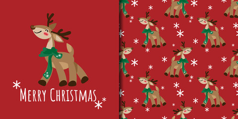 Christmas holiday season banner with Merry Christmas text and seamless pattern of cute reindeer wear green scarf on red color background with snowflakes.