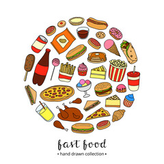 Hand drawn fast food meals in circle.