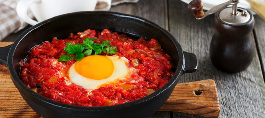 Shakshuka with tomato sauce and fried egg in a cast iron pan for breakfast on the old wooden background. Rustic Style, Selective Focus.