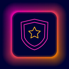 Glowing neon line Police badge icon isolated on black background. Sheriff badge sign. Colorful outline concept. Vector