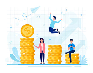 Increasing income and investment. Successful business that grows and generates huge financial profit. Business strategy and analytics. Pile of money. Gold dollar coins. Vector illustration.