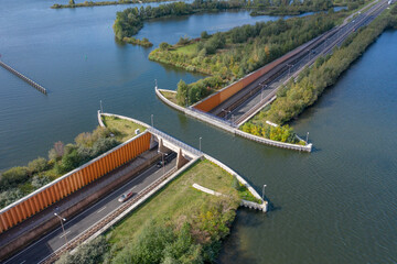 Lake Viaduct in the Netherlands with a Motorway Passing Under