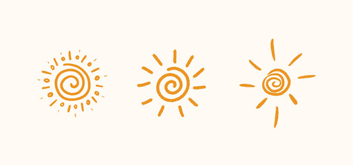 Sun doodle collection. Cute hand drawn vector illustrations. Boho print art.