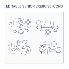 Senior exercise line icons set. Physical activity prevention diseases. Pleasure workout. Sport life concept. Isolated vector illustration. Editable stroke
