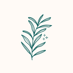 Wild flower botanical line illustration. Green branch with leaves, organic herb emblem. Vector hand drawn art, print design, tattoo sketch.