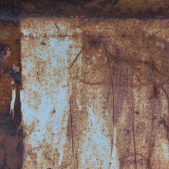 Old light blue painted grey rusty rustic rust iron metal frame background texture, vertical aged damaged weathered scratched framed plain paint patch plate, grunge pattern copy space macro closeup